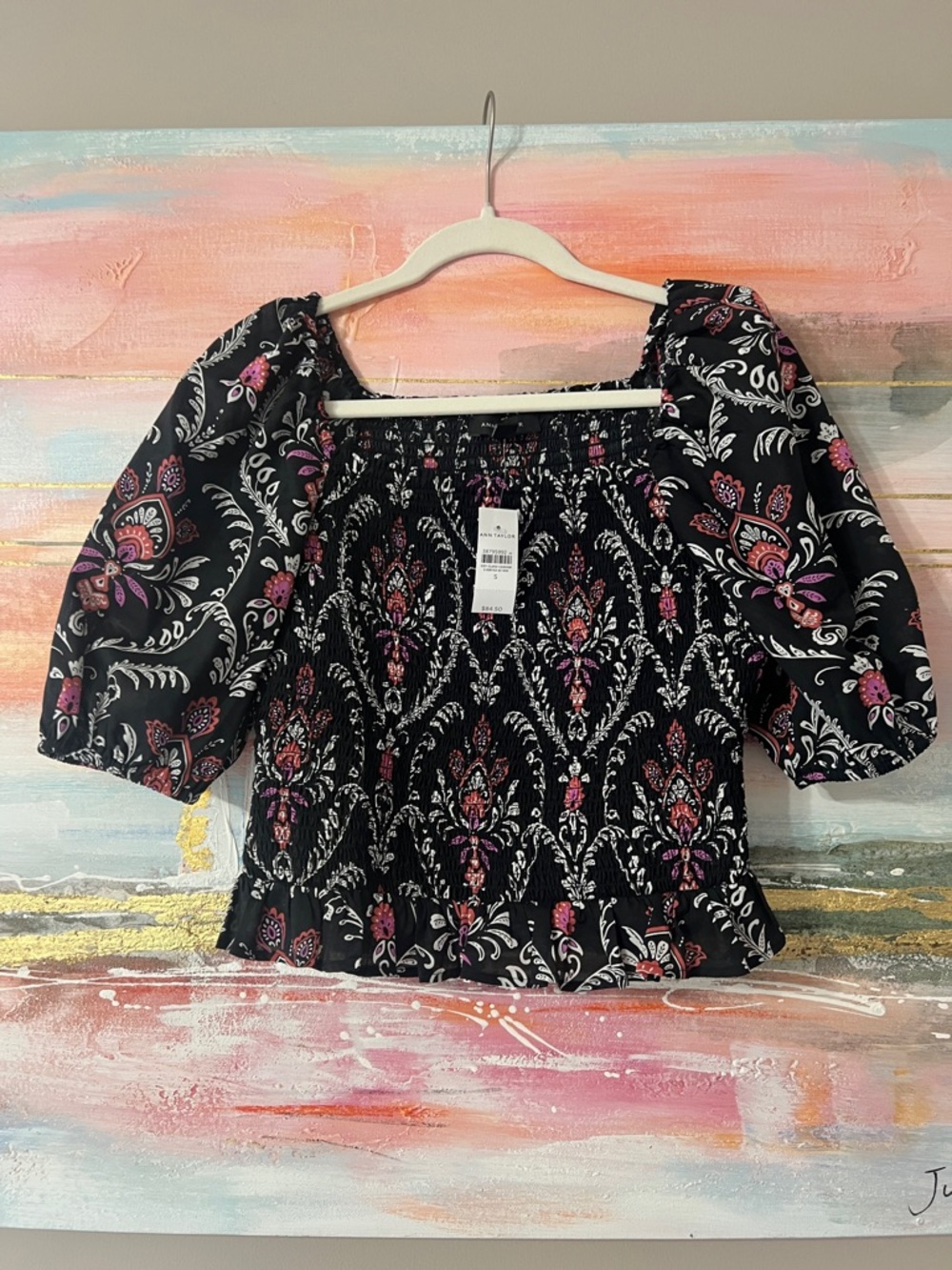 Ann Taylor Black Floral Smocked Puff-Sleeve Top